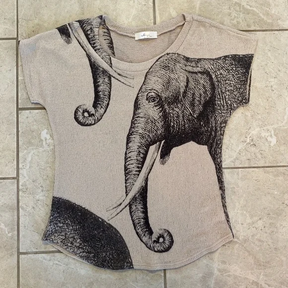 Gaze Vintage USA Tan & Grey Elephant Knit Tee - Picture 1 of 5